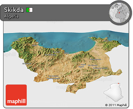 Satellite 3D Map of Skikda, single color outside