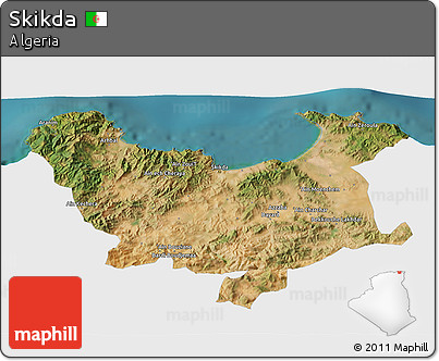 Satellite 3D Map of Skikda, single color outside