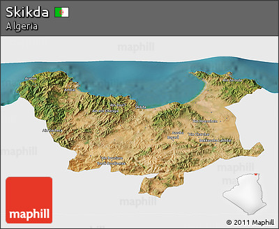 Satellite 3D Map of Skikda, single color outside