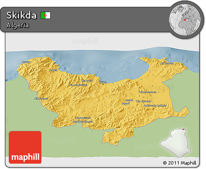 Savanna Style 3D Map of Skikda, single color outside