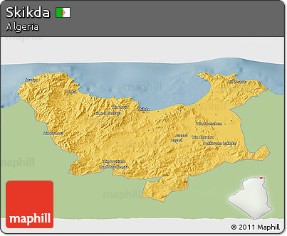Savanna Style 3D Map of Skikda, single color outside