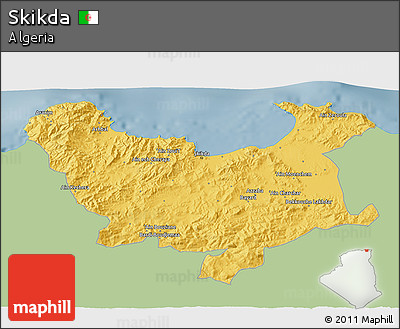 Savanna Style 3D Map of Skikda, single color outside