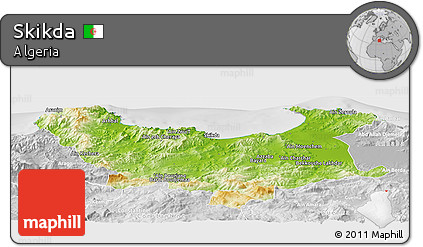 Physical Panoramic Map of Skikda, lighten, desaturated