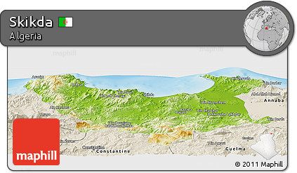 Physical Panoramic Map of Skikda, shaded relief outside