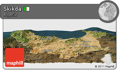 Satellite Panoramic Map of Skikda, darken