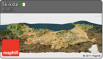 Satellite Panoramic Map of Skikda, darken