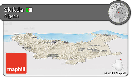 Shaded Relief Panoramic Map of Skikda, single color outside