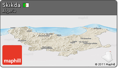 Shaded Relief Panoramic Map of Skikda, single color outside