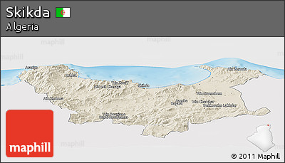 Shaded Relief Panoramic Map of Skikda, single color outside