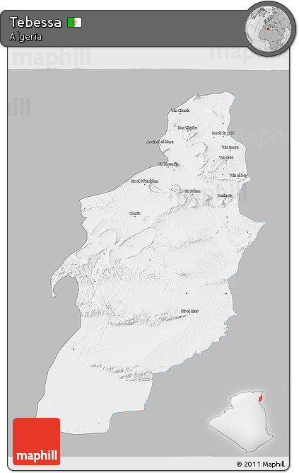 Gray 3D Map of Tebessa, single color outside