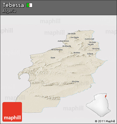 Shaded Relief Panoramic Map of Tebessa, single color outside