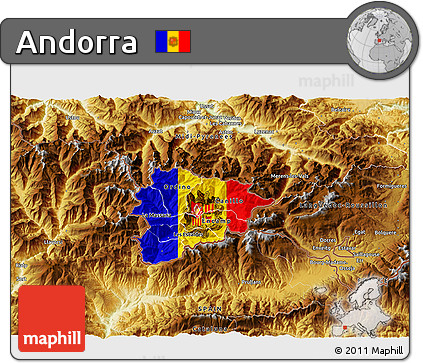 Flag 3D Map of Andorra, physical outside, flag centered
