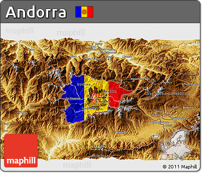 Flag 3D Map of Andorra, physical outside, flag centered