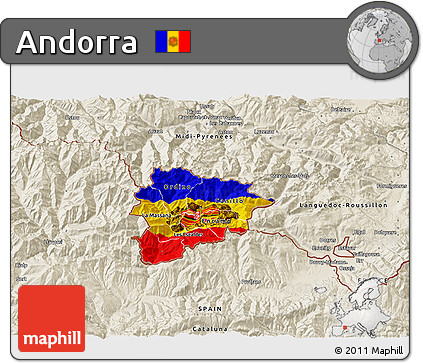 Flag 3D Map of Andorra, shaded relief outside, flag rotated