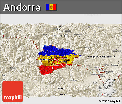 Flag 3D Map of Andorra, shaded relief outside, flag rotated