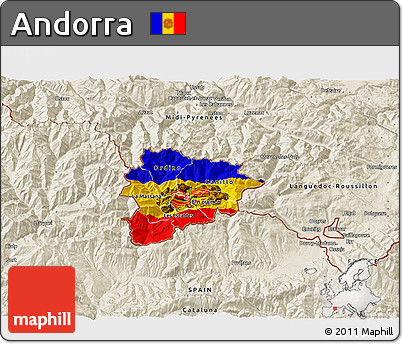 Flag 3D Map of Andorra, shaded relief outside, flag rotated