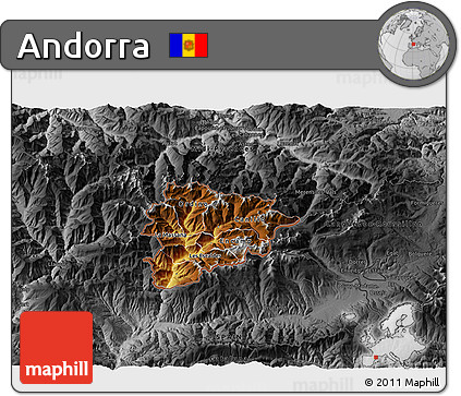 Physical 3D Map of Andorra, darken, desaturated