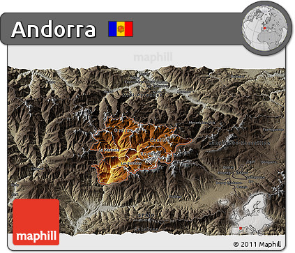 Physical 3D Map of Andorra, darken, semi-desaturated