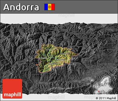 Satellite 3D Map of Andorra, darken, desaturated