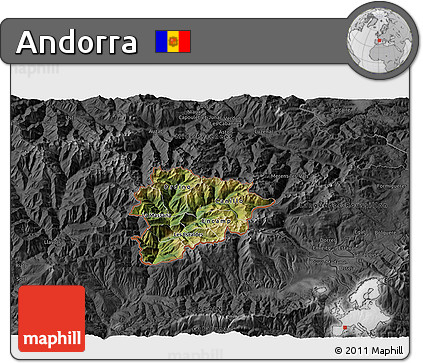 Satellite 3D Map of Andorra, darken, desaturated