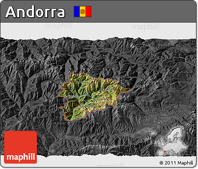 Satellite 3D Map of Andorra, darken, desaturated