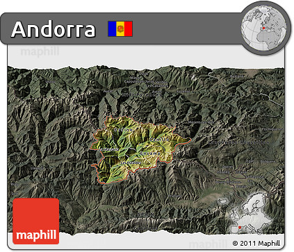 Satellite 3D Map of Andorra, darken, semi-desaturated