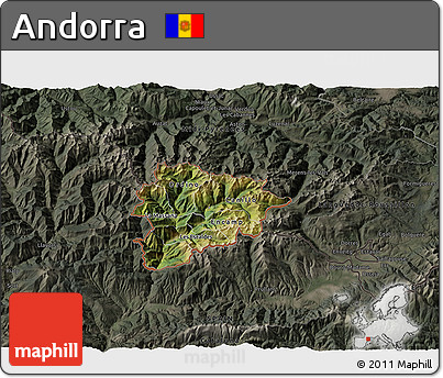 Satellite 3D Map of Andorra, darken, semi-desaturated