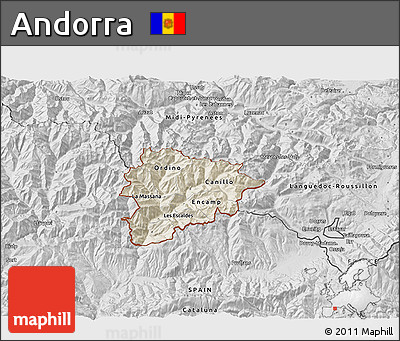 Shaded Relief 3D Map of Andorra, desaturated