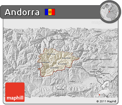 Shaded Relief 3D Map of Andorra, desaturated
