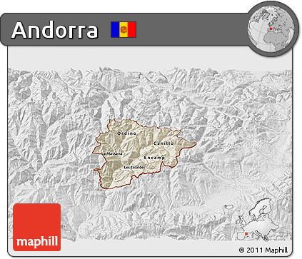Shaded Relief 3D Map of Andorra, lighten, desaturated