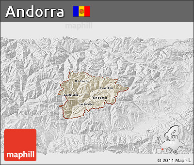 Shaded Relief 3D Map of Andorra, lighten, desaturated