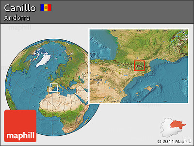 Satellite Location Map of Canillo, highlighted country, within the entire country