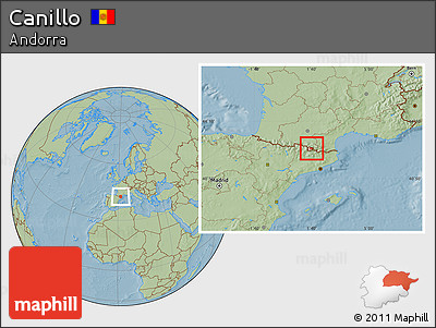 Savanna Style Location Map of Canillo, highlighted country, hill shading