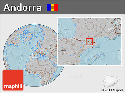 Savanna Style Location Map of Andorra, gray outside, hill shading outside