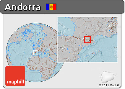 Savanna Style Location Map of Andorra, gray outside, hill shading