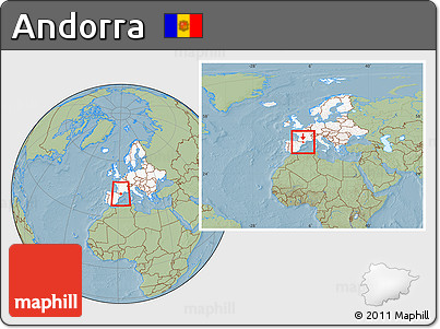 Savanna Style Location Map of Andorra, highlighted continent, within the entire continent, hill shading