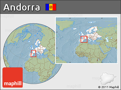 Savanna Style Location Map of Andorra, highlighted continent, within the entire continent, hill shading