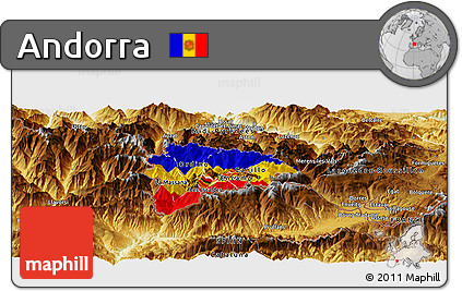 Flag Panoramic Map of Andorra, physical outside, flag rotated