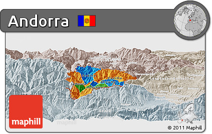 Political Panoramic Map of Andorra, lighten, semi-desaturated