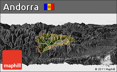 Satellite Panoramic Map of Andorra, darken, desaturated
