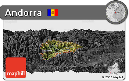 Satellite Panoramic Map of Andorra, darken, desaturated