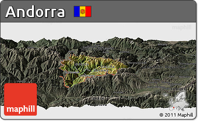 Satellite Panoramic Map of Andorra, darken, semi-desaturated