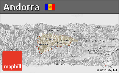 Shaded Relief Panoramic Map of Andorra, desaturated