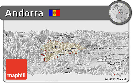 Shaded Relief Panoramic Map of Andorra, desaturated