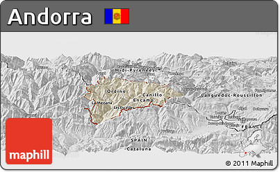 Shaded Relief Panoramic Map of Andorra, desaturated
