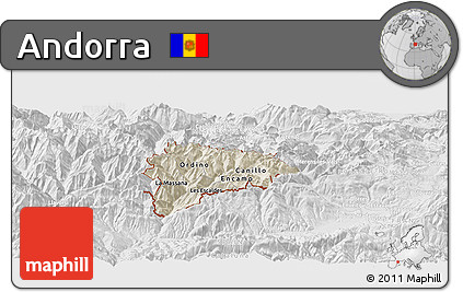 Shaded Relief Panoramic Map of Andorra, lighten, desaturated