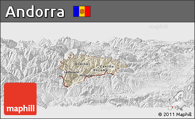 Shaded Relief Panoramic Map of Andorra, lighten, desaturated