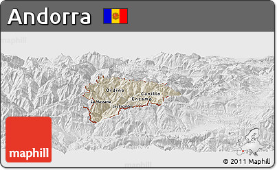 Shaded Relief Panoramic Map of Andorra, lighten, desaturated