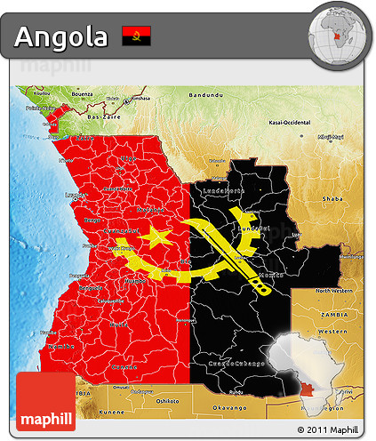 Flag 3D Map of Angola, physical outside, flag rotated