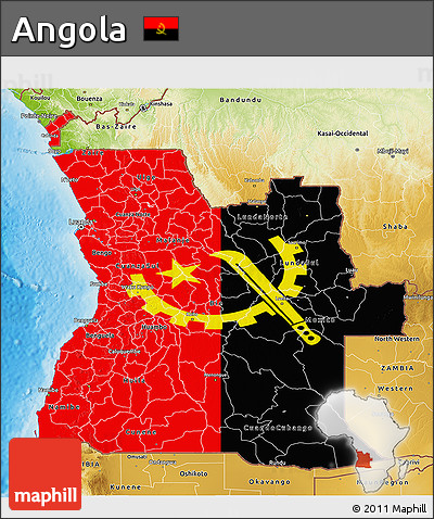 Flag 3D Map of Angola, physical outside, flag rotated